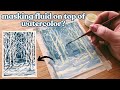 Using masking fluid on top of watercolor to paint these snowy aspen trees