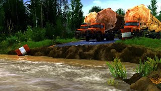 THREE GIANT WOOD TRUCKS || passing through a deep river -   Spintires mudrunner