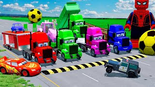 TRANSPORTING PIXAR CARS  Cars VS SpeedBumps VS Train  Multi Flatbed Trailer Truck #8 BeamNG Drive