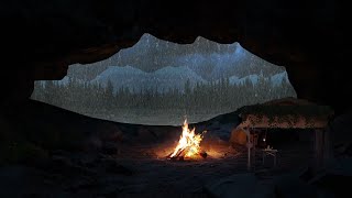 Fall Asleep In A Cozy Rain Thunderstorm Cave , Fireplace Soothing sound for sleep, study, Relaxing