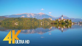 Skaidrs Alpine Bled ezers Slovēnijā - 1 stunda 4K UHD relaksācijas video ar mūziku