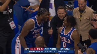 Joel Embiid and Tyrese Maxey argue after almost throwing the game vs Heat 😂