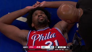 Joel Embiid shaken up after dunk vs. Knicks | NBA on ESPN
