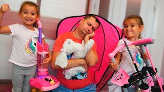 Сонный папа и смешная история про игрушки Funny video for kids about toys