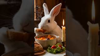 The flickering candle casts a cozy glow, as the rabbit relishes its homemade meal, proud and happy