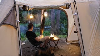 Gloomy SOLO Camping in RAIN and THUNDER [ relaxing in a cosy shelter by the Cree