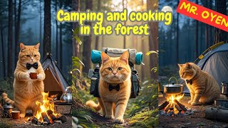 Orange cat goes on cooking and camping adventures in the forest - Mr. Oyen