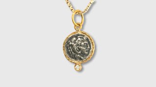 Greek, Alexander the Great Charm Pendant, Tetradrachm Coin Replica 24kt Gold, Silver 0.02ct Diamonds