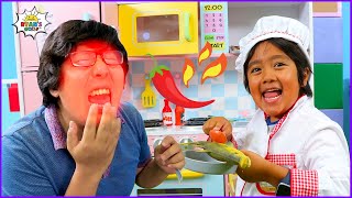 Ryan Pretend Play Cook food at a Restaurant Funny Voice Version!