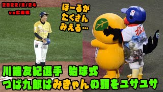 川端友紀選手の始球式　つば九郎はみきゃんの頭をユサユサ　2022/8/24 vs広島