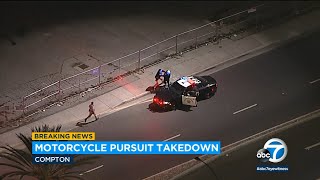 Chase involving motorcyclist ends with suspect's dramatic takedown in streets of Compton