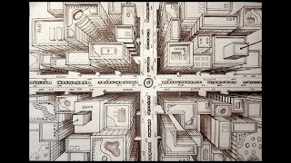 Drawing a City Using 1 Point Perspective: Bird's Eye View Time-lapse