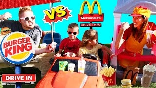 NEW - McDonalds DRIVE THRU vs Burger King NEIGHBORS Kids Driving Cars Power Wheels + Prank Fast Food