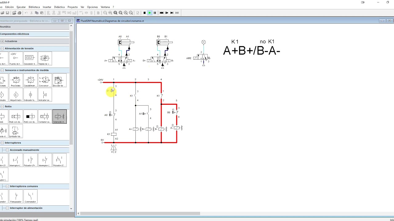 FluidSIM. Secuencia A+B+B-A-, Solución Con Relé único. Práctica 1 ...