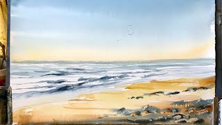 Lois' Watercolour for beginners, a simple hake & flat brush seascape, beach landscape watercolor