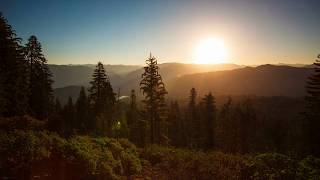 Beautiful sunrise from behind the mountains over a picturesque forest Восход солнца