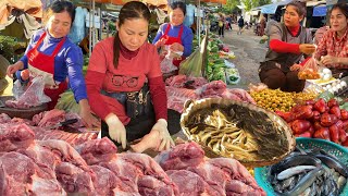 Cambodian Food Market Tour  / Daily Food Market Scenes \u0026 People Activities @Local Market