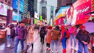 New York City Rainy Day Walk - Columbus Circle through Time Square 4K NYC