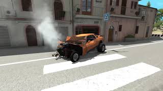 BeamNG car accident simulator: 120 km/h, impacting a stationary car