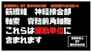 言語聴覚士(ST)国家試験対策【22-4】運動単位　筋線維　軸索　神経筋接合部　脊髄神経節　脊髄前角細胞　基礎医学