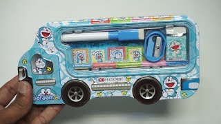 Doraemon Bus Shaped Pencil Box With White Board, Marker And Eraser