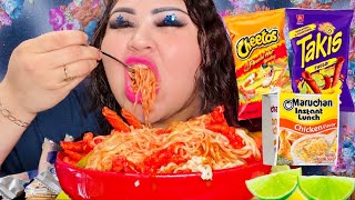 FLAMIN’ HOT CHETOS \u0026 TAKIS MARUCHAN RAMEN NOODLES | MUKBANG