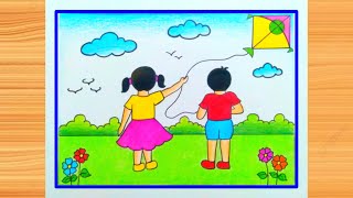 How to Draw Kite Flying Scenery Easy Steps| Makar Sankranti Special Drawing| Makar Sankranti Drawing