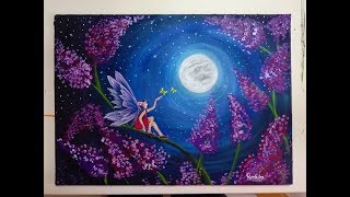Fairy Painting Moon Light | Acrylic Painting using Earbuds