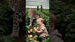 The baby is playing with the leopard on the ground, while the parents are working in the distance!