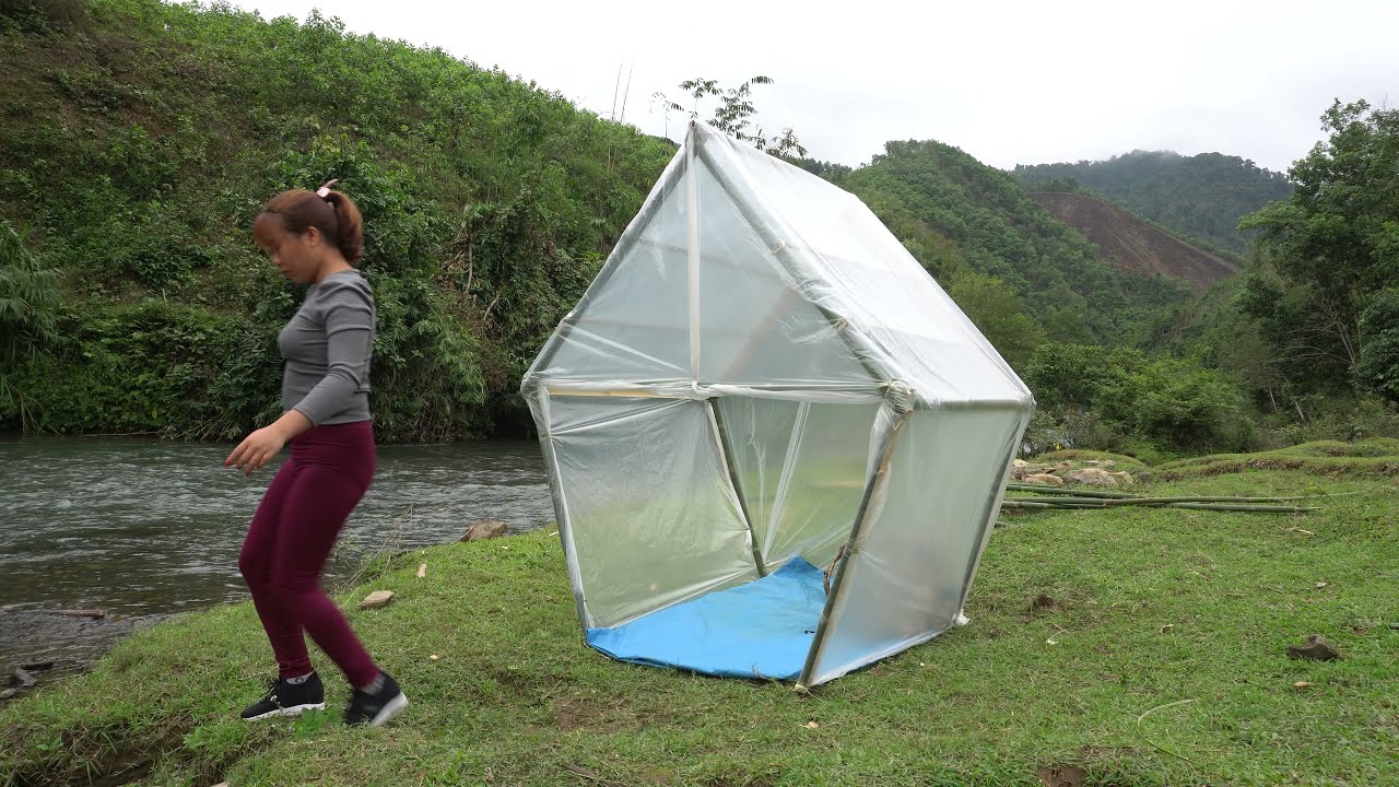 Building transparent survival shelter! Solo bushcraft & camping | Survival alone #52