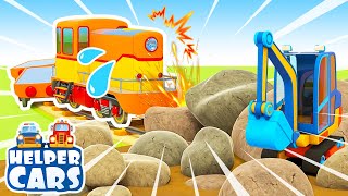 Train wreck! Trains cartoons for kids & Helper cars for kids. Dump trucks & emergency vehicles.