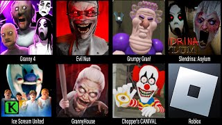 Granny 4, Evil Nun, Grumpy Gran, Slendrina Asylum, Ice Scream United, Chopper's CARNIVAL, Roblox