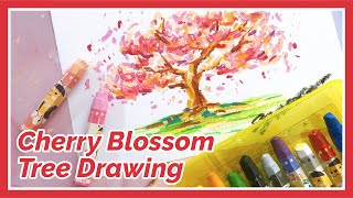Cherry Blossom Tree Painting with Oil Pastel for beginner | Easy Spring Drawing (ft.DAISO)