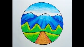 How To Draw Beautiful Mountain Scenery Step By Step |Drawing Mountain Scenery In A Circle