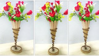 How To Make A Flower Vase || Decorative  Showpiece || ice cream stick craft || Jute Craft Ideas