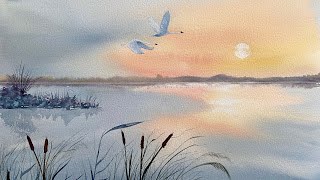 SUNSET MARSHLAND Reflections, Beautiful Beginners Watercolor Landscape Painting Tutorial Watercolour