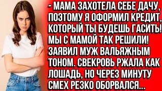 Мама захотела себе дачу, поэтому я оформил кредит,  который ты будешь гасить! Мы с мамой так решили!