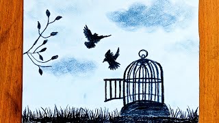 How to draw birds free from cage - YOU MUST SUBSCRIBE THIS CHANNEL