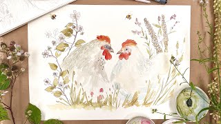 Adorable Chickens and Wild Flowers - How to Paint Watercolour Botanicals Step by Step Tutorial