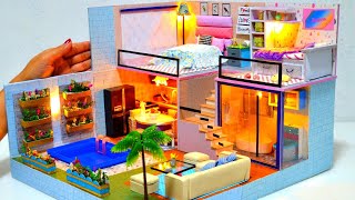 DIY Miniature Cardboard Box Dollhouse # 4 - Dreamhouse mansion with real swimming pool, 2 bedrooms