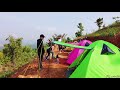 camping on mountain peak under the moon and stars and cold weather ຕັ້ງແຄັມນອນກາງເຕັ້ນເທິງຈອມພູ