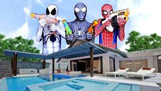 TEAM SPIDER-MAN IN REAL LIFE || All Mansion Battle Story ( Nerf War , Swimming , Parkour , ..)