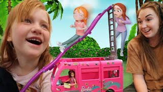 BARBiE CAMPiNG with CARTOON ADLEY!!  Road Trip in our Dream Camper with magic slide & swimming pool
