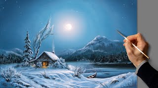 👍 Acrylic Landscape Painting - Full Moon Winter / Easy Art / Drawing Lessons / Satisfying Relaxing.