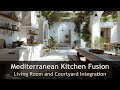Collection of Mediterranean Kitchen Merging with Indoor Courtyard, and Living Room.