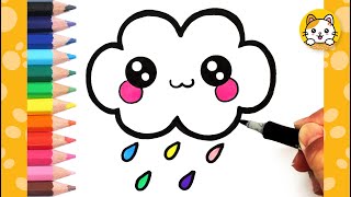 Easy Drawing for Kids | How to draw a Cute Cloud with Colorful Rain | Picture Coloring Pages