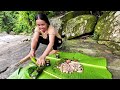 single mother alone and a meal by the waterfall