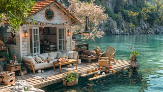 Beautiful 4K Spring Morning Creates the Perfect Morning Atmosphere on a Lakeside Wooden Deck, Relax