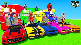 SPIDERMAN CARS Racing on MEGA Color BLOCKS Rampa ! SUPERHERO HULK Goku JEEP JETSKI Epic Race - GTA 5