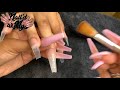 Pink Glitter Acrylics w Swarovski  Long Coffin Full Set  Acrylic Nails Tutorial  Hand Filing